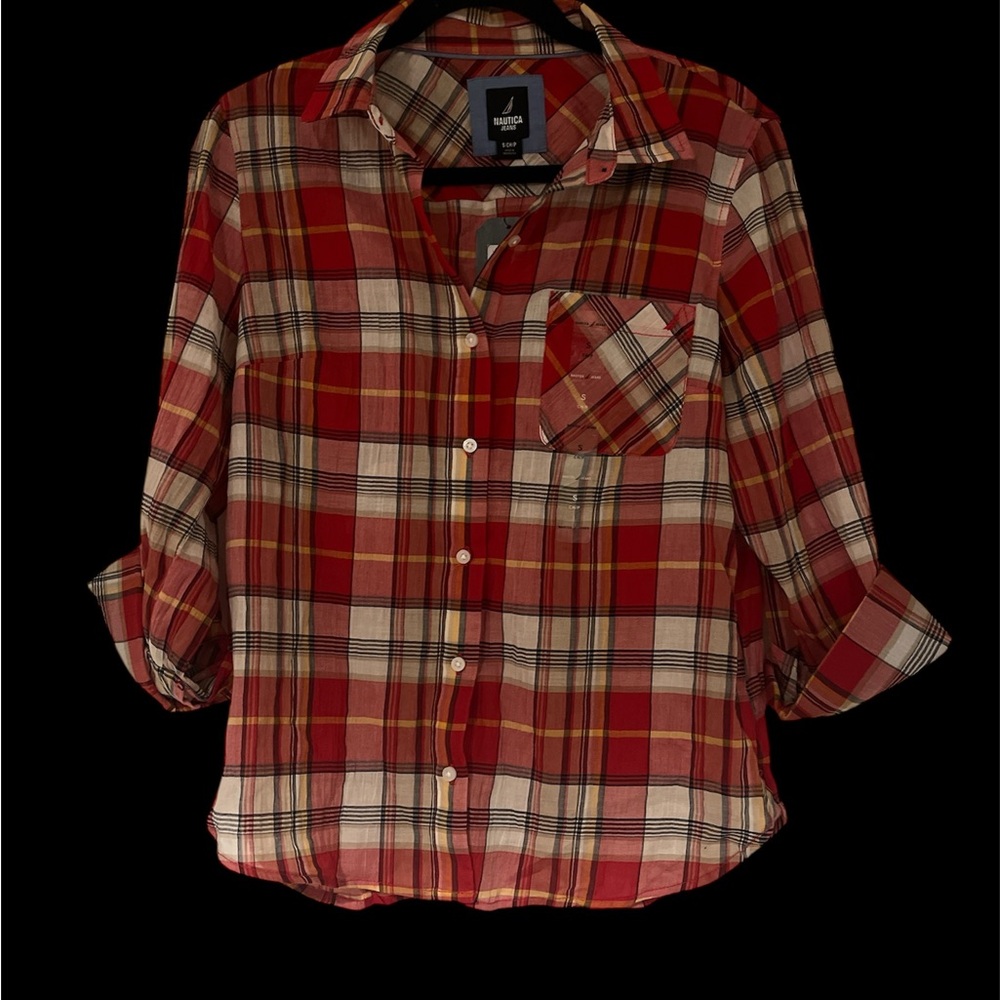 Nautica Red and White Plaid Button Down Shirt
